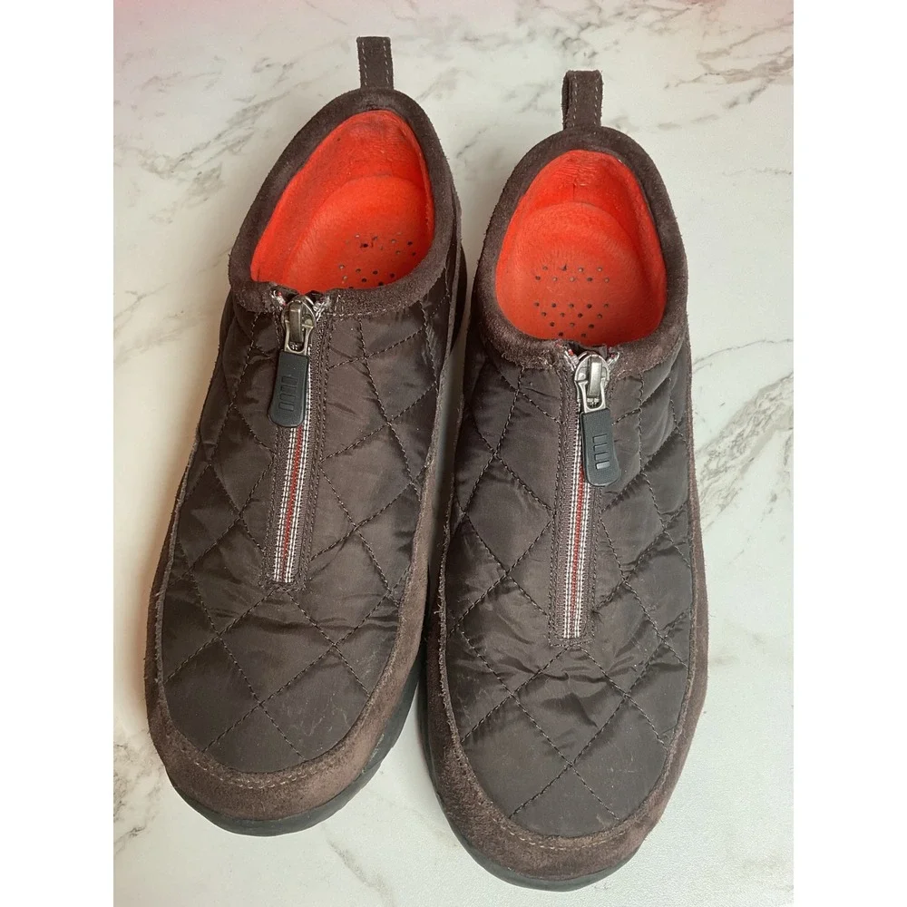 Lands' End Quilted Puffer Zip Shoes Womens 8.5 Brown Suede Fleece Lined 86524